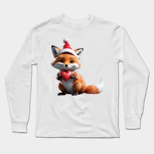 Fox in Santa's hat with a red heart. Funny Christmas animals /1 Long Sleeve T-Shirt